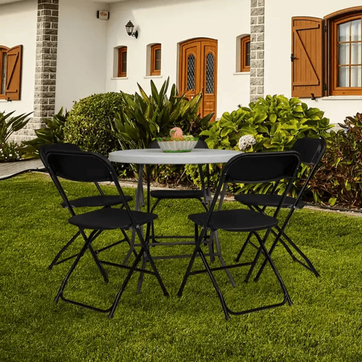 Doba Plasti Garden folding chair with heavy-duty plastic seat and metal frame, capable of supporting 350 lbs, foldable for easy storage.