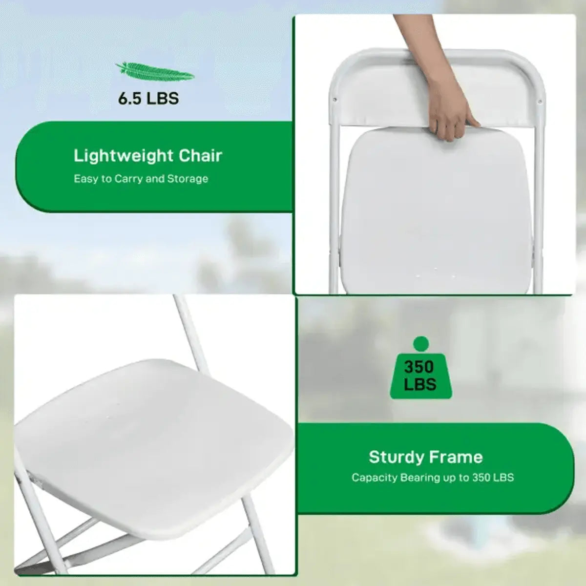 Doba heavy-duty plastic folding chair with 350 lb capacity, durable and easy to fold, suitable for events, home, or office use.