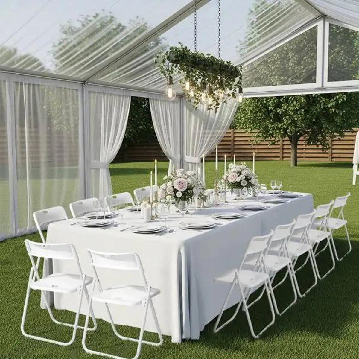 Weather-resistant plastic folding chairs by Doba, stackable for indoor and outdoor use, with a durable, lightweight design.