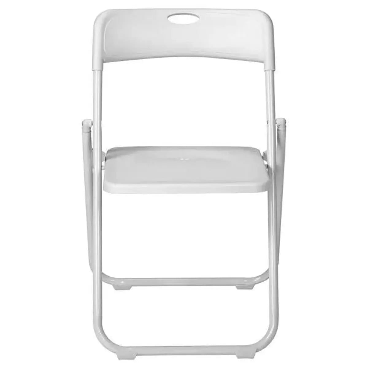 Doba weather-resistant plastic folding chairs stacked indoors and outdoors, lightweight and durable for versatile seating.