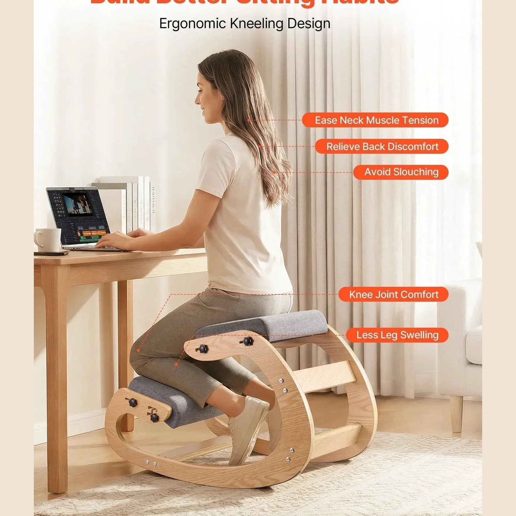 Doba VEVOR ergonomic kneeling chair with gray wood frame, adjustable height, and rocking base for posture and back pain relief.