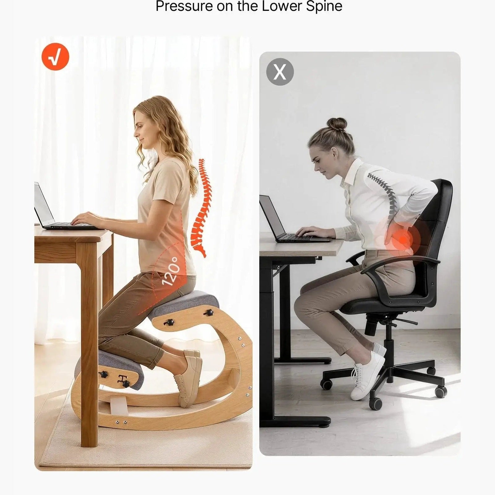Gray VEVOR ergonomic kneeling chair with adjustable height, wooden frame, and rocking base for improved posture and back pain relief.