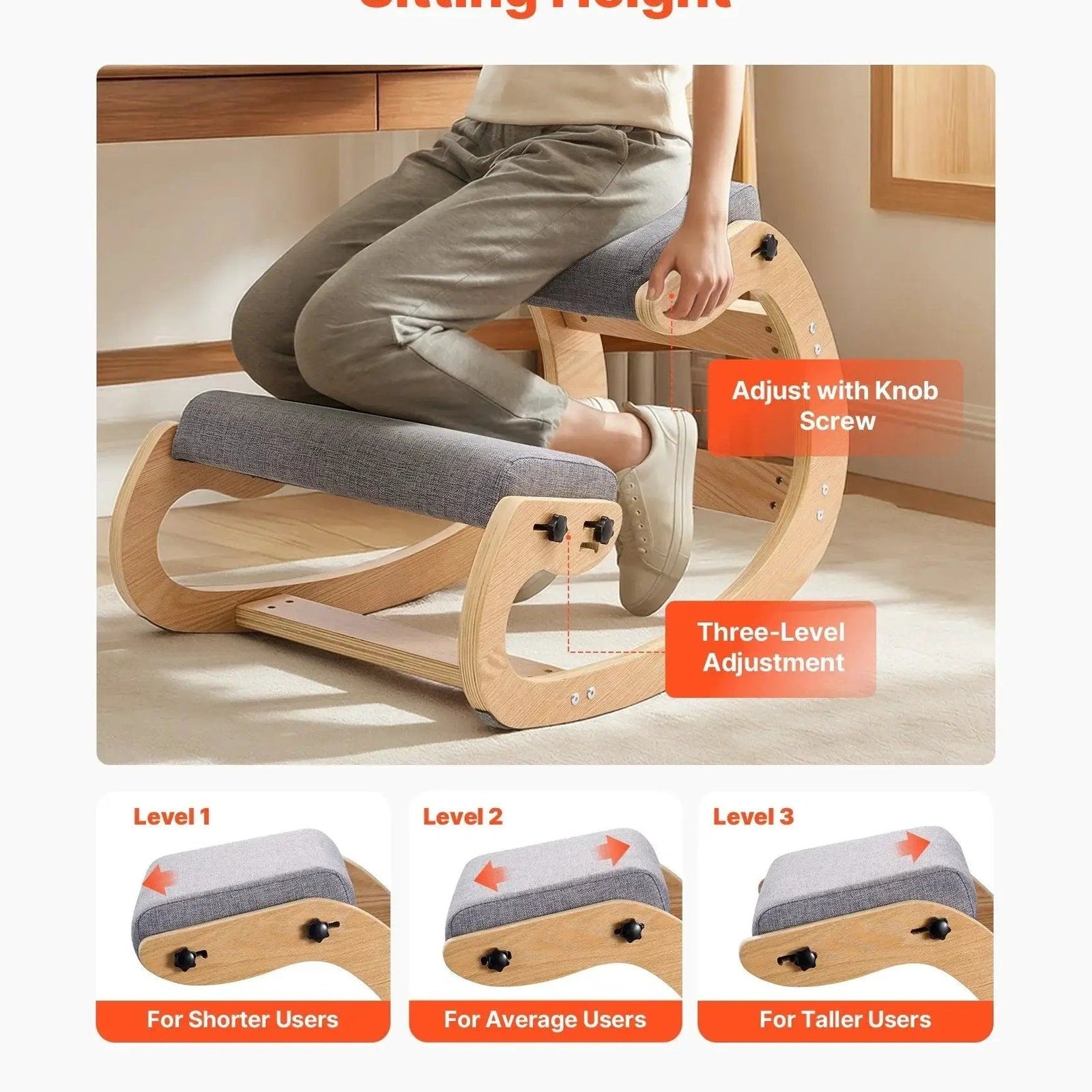 Gray VEVOR ergonomic kneeling chair with adjustable height, wood frame, and rocking base for posture support and back pain relief.