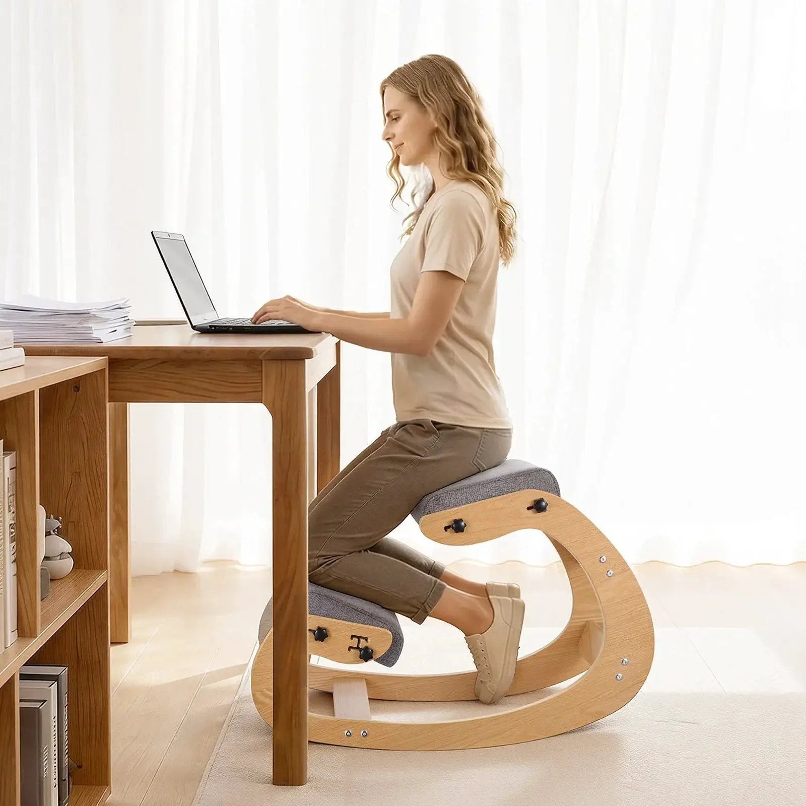 Gray VEVOR ergonomic kneeling chair with adjustable height, wooden frame, and rocking base for improved posture and back pain relief.