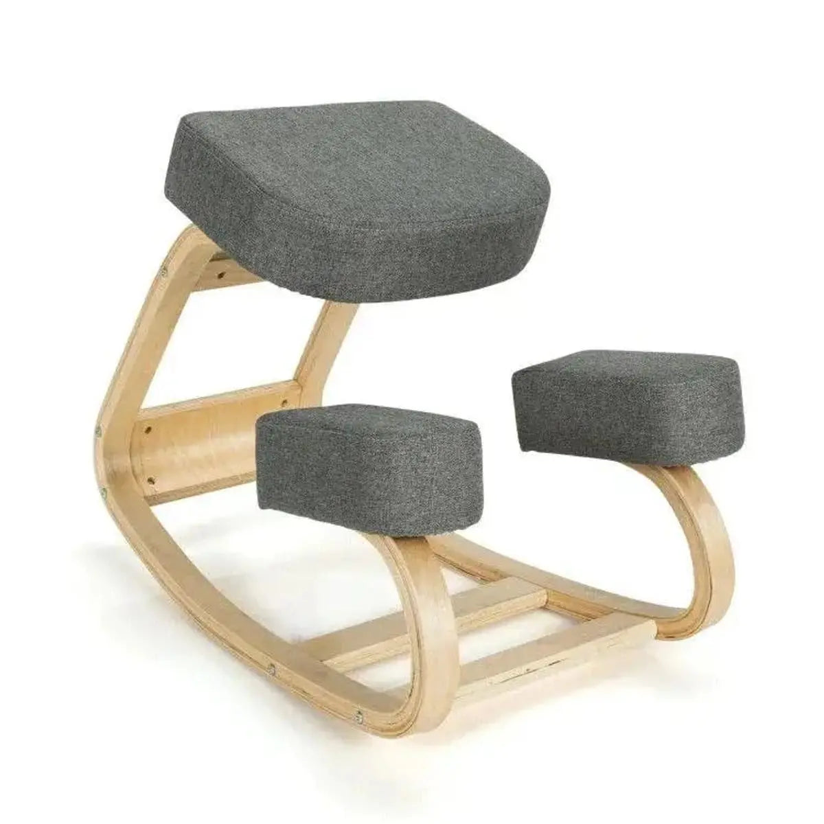 Gray Doba ergonomic kneeling chair with rocking curved base, designed to promote upright posture and spine alignment.