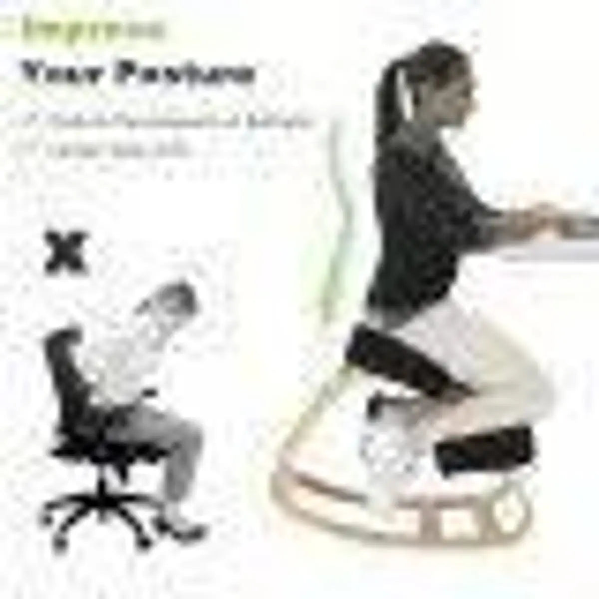Gray Doba ergonomic kneeling chair with rocking curved base for upright posture, spine alignment, and back pain relief.