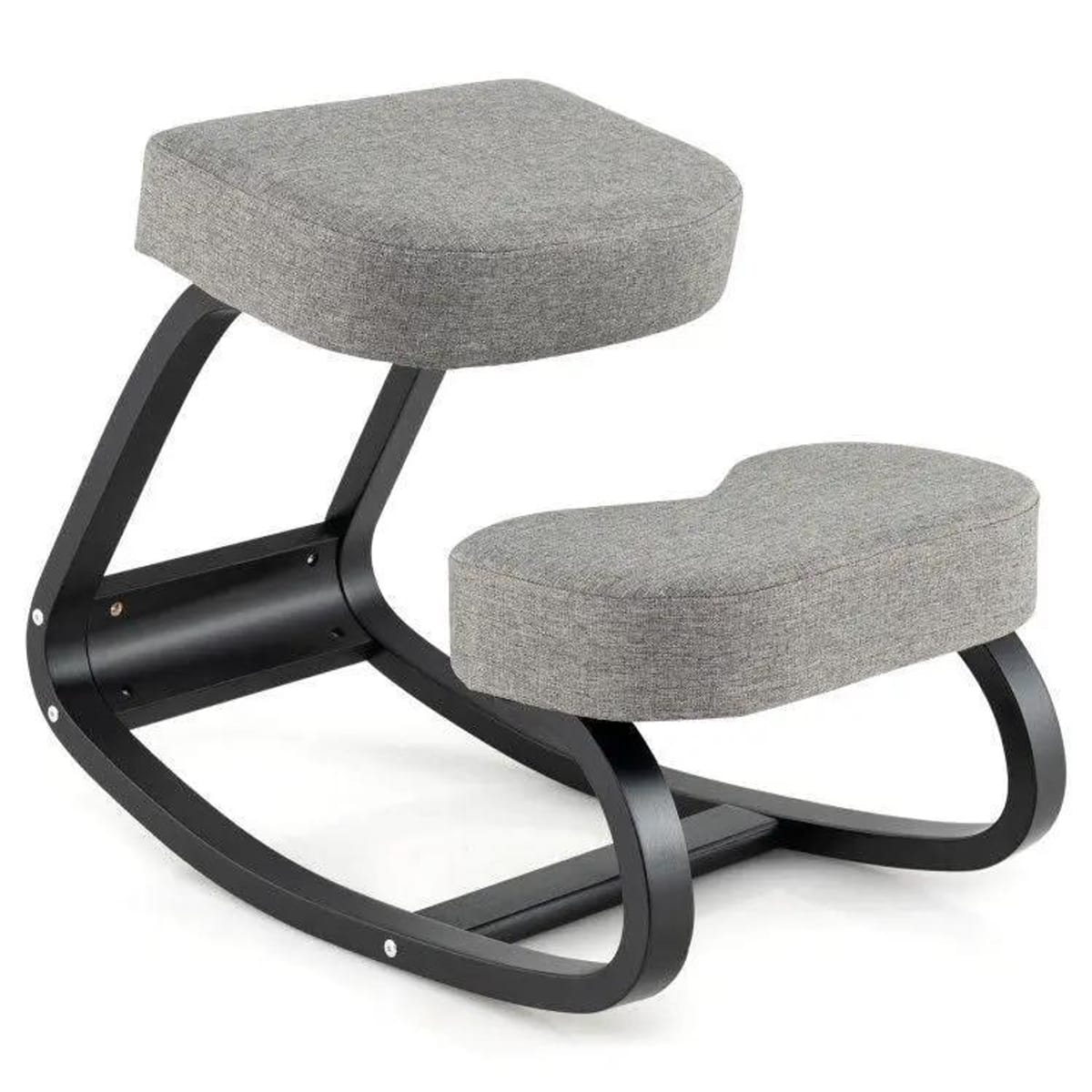 Gray Doba wooden ergonomic backless rocking kneeling chair with padded cushion and breathable fabric for posture support and back relief.