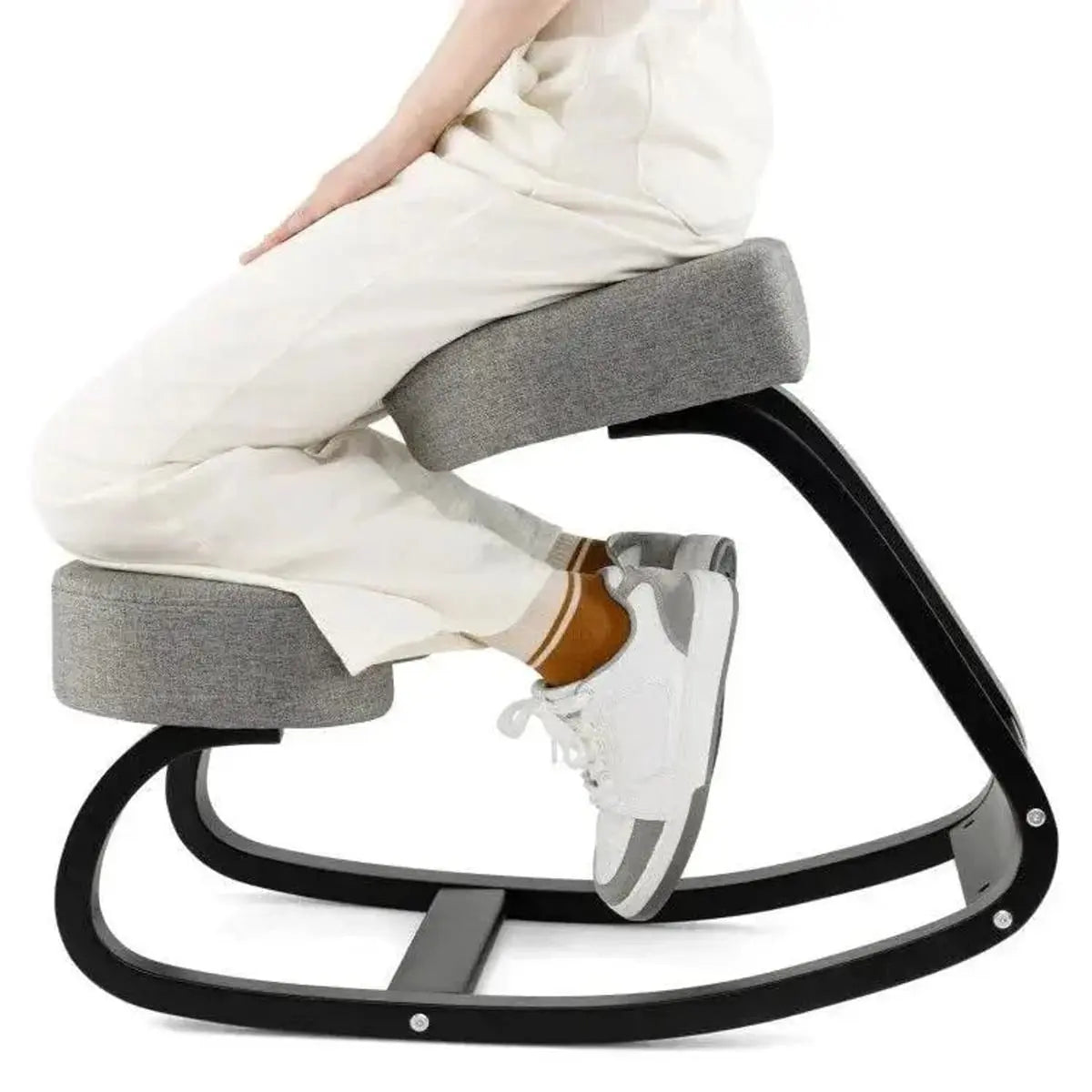 Doba gray wooden ergonomic backless rocking kneeling chair with padded cushion and breathable fabric for posture and back relief.