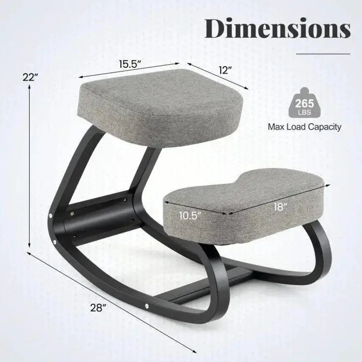 Doba gray wooden ergonomic backless rocking kneeling chair with padded cushion and breathable fabric for posture and back relief.