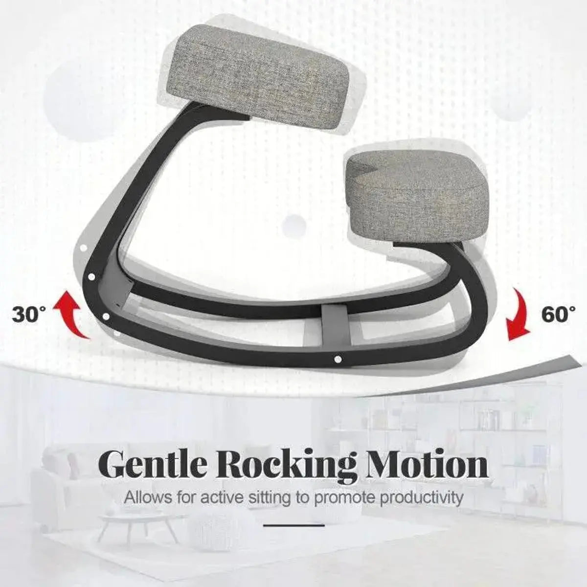 Doba gray wooden ergonomic backless rocking kneeling chair with padded cushion and breathable fabric for posture and back relief.