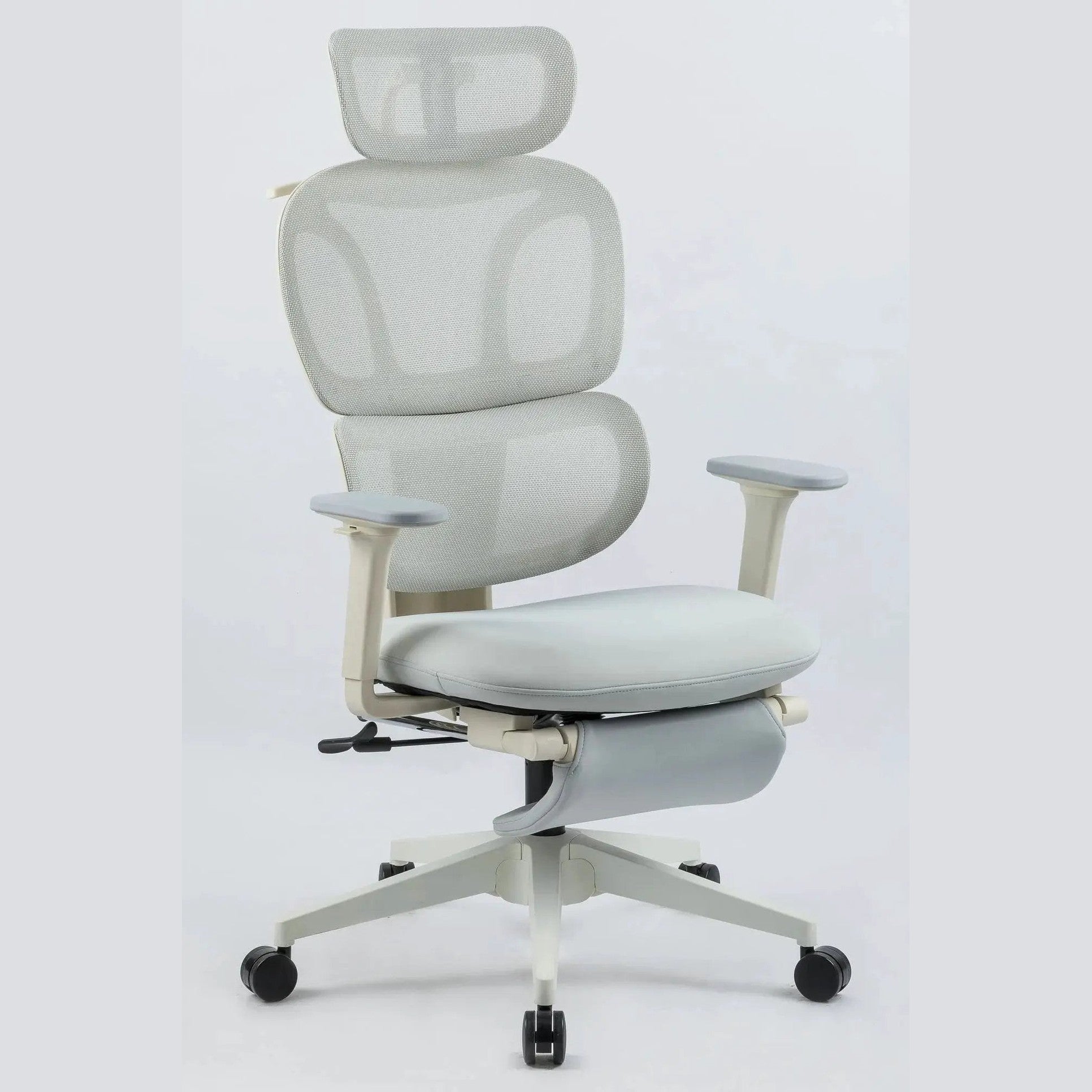 Doba ergonomic office chair in grey with footrest, mesh back, and dynamic lumbar support for comfortable seating.
