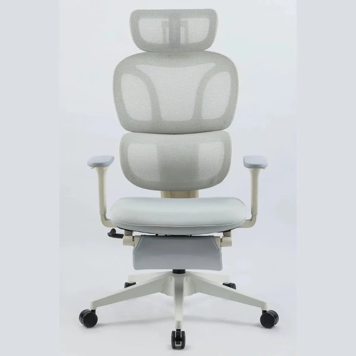 Grey Doba ergonomic office chair with footrest, nylon mesh back, and dynamic lumbar support, suitable for comfortable workspace seating.