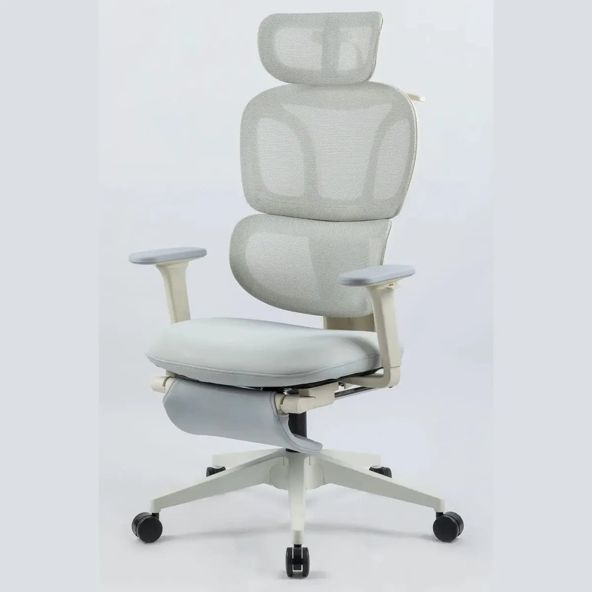 Doba ergonomic office chair in grey with footrest, nylon mesh back, and dynamic lumbar support for comfortable seating.