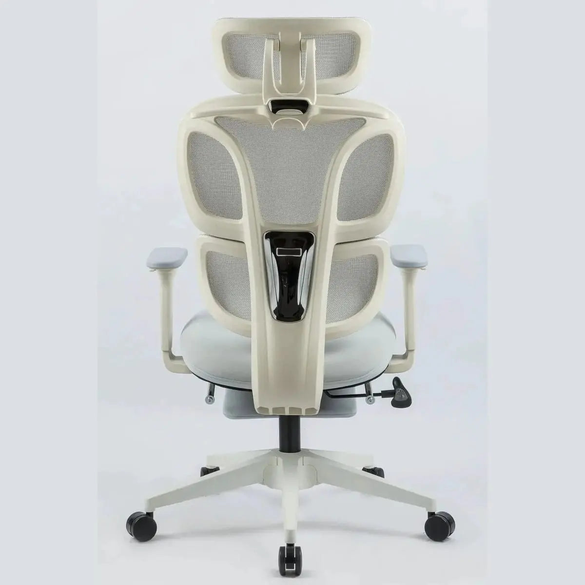 Grey Doba ergonomic office chair with footrest, nylon mesh, and dynamic lumbar support, shown with adjustable armrests and cushioned seat.