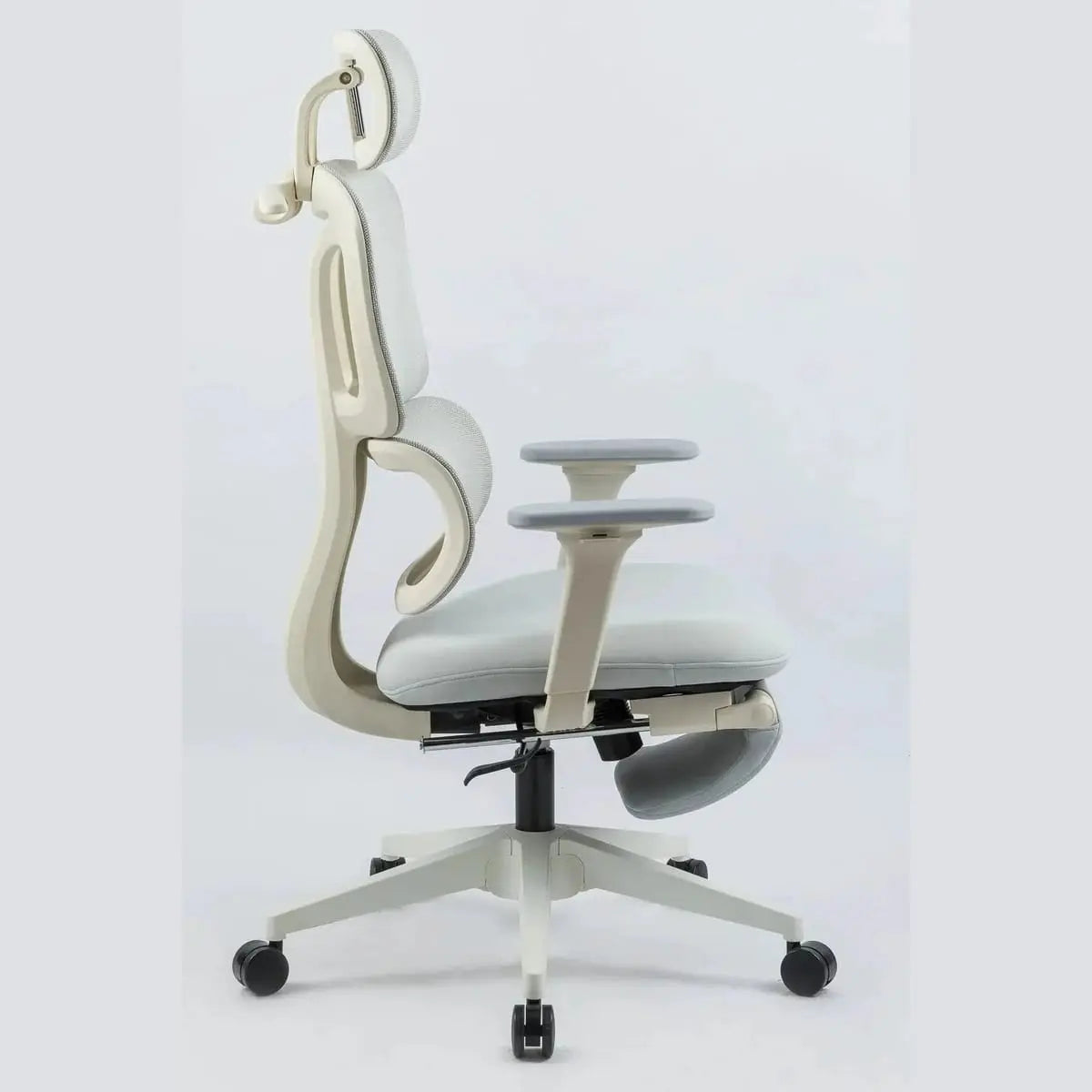 Doba ergonomic office chair in grey with footrest and dynamic lumbar support, featuring nylon mesh upholstery and adjustable features.