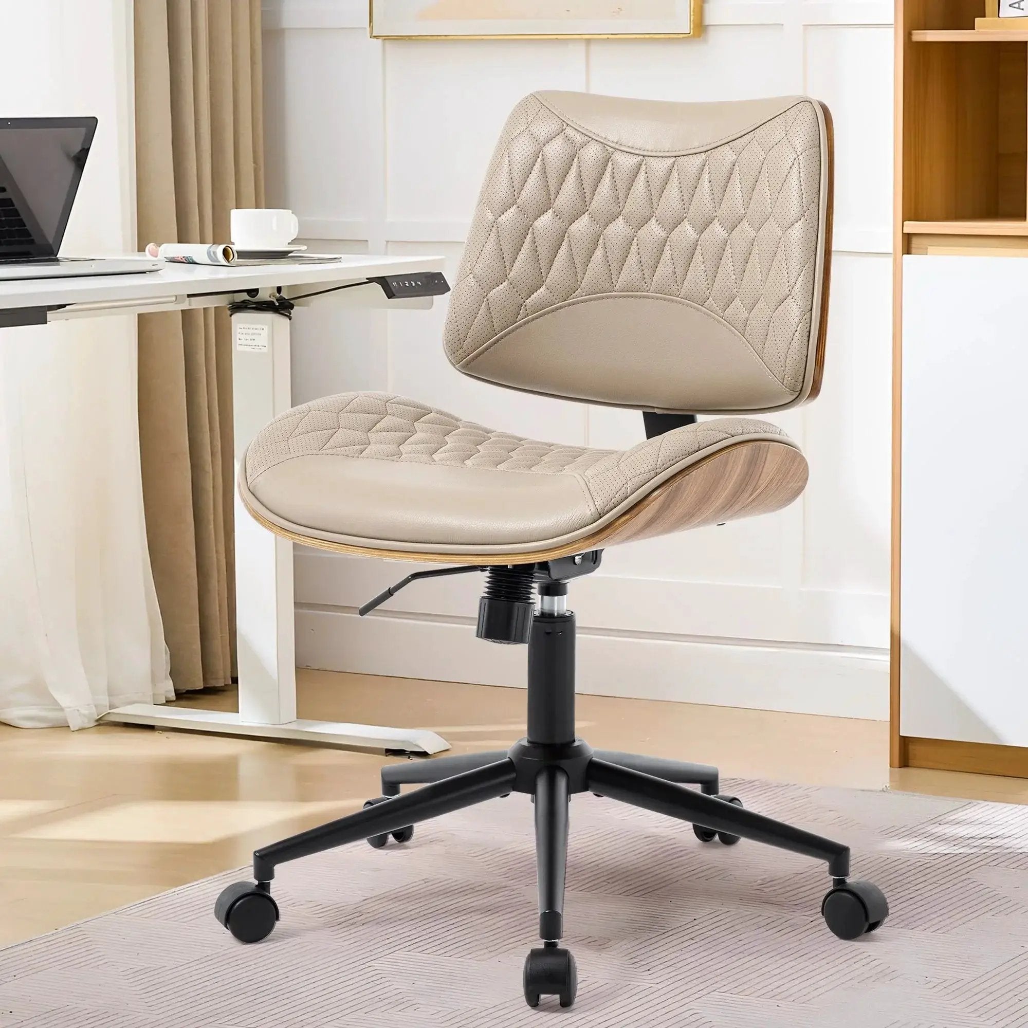 Doba modern adjustable armless office chair with walnut faux leather, swivel wheels, and rocking function for small desks.