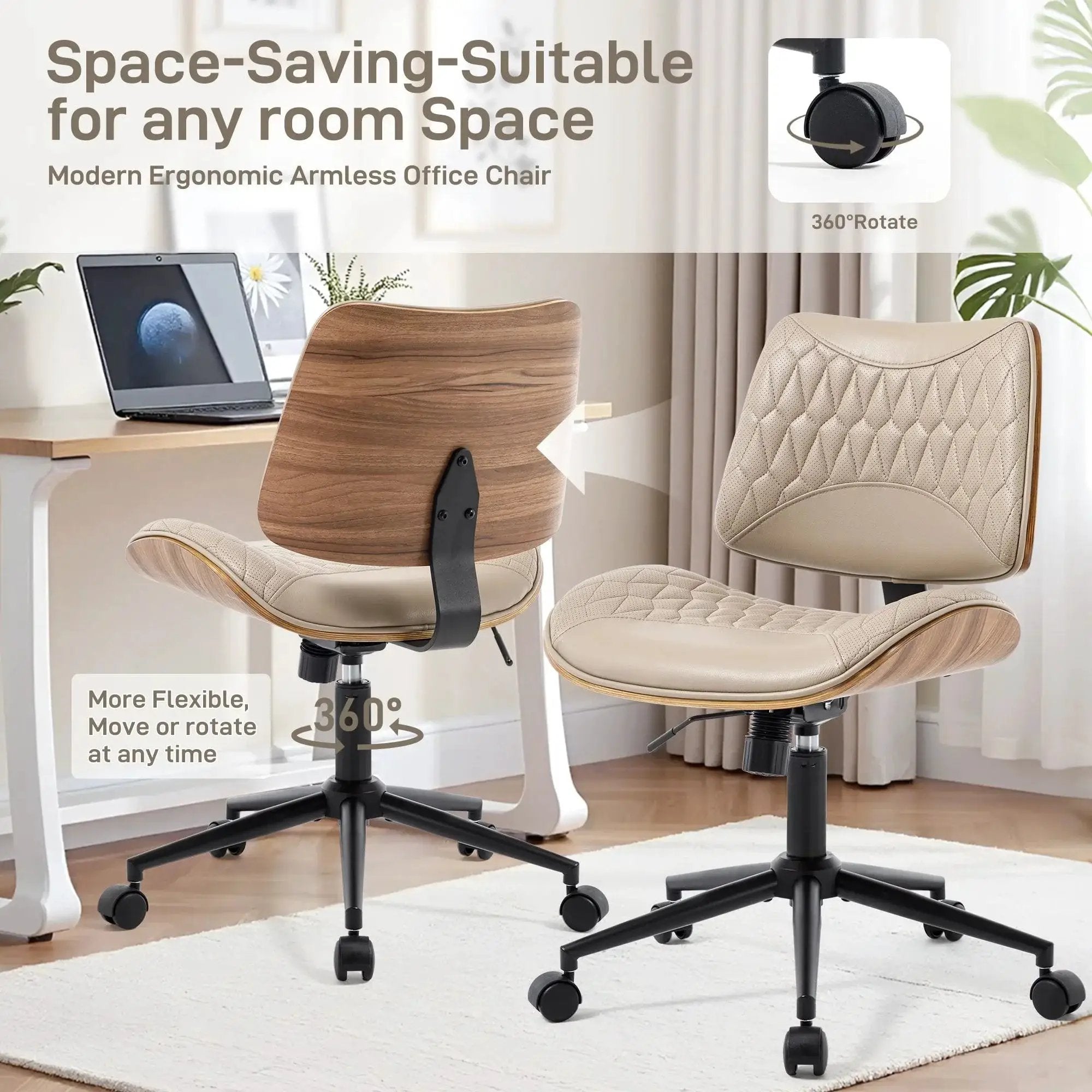 Modern Doba armless office chair with walnut PU leather, swivel wheels, and rocking function for small desks in khaki color.