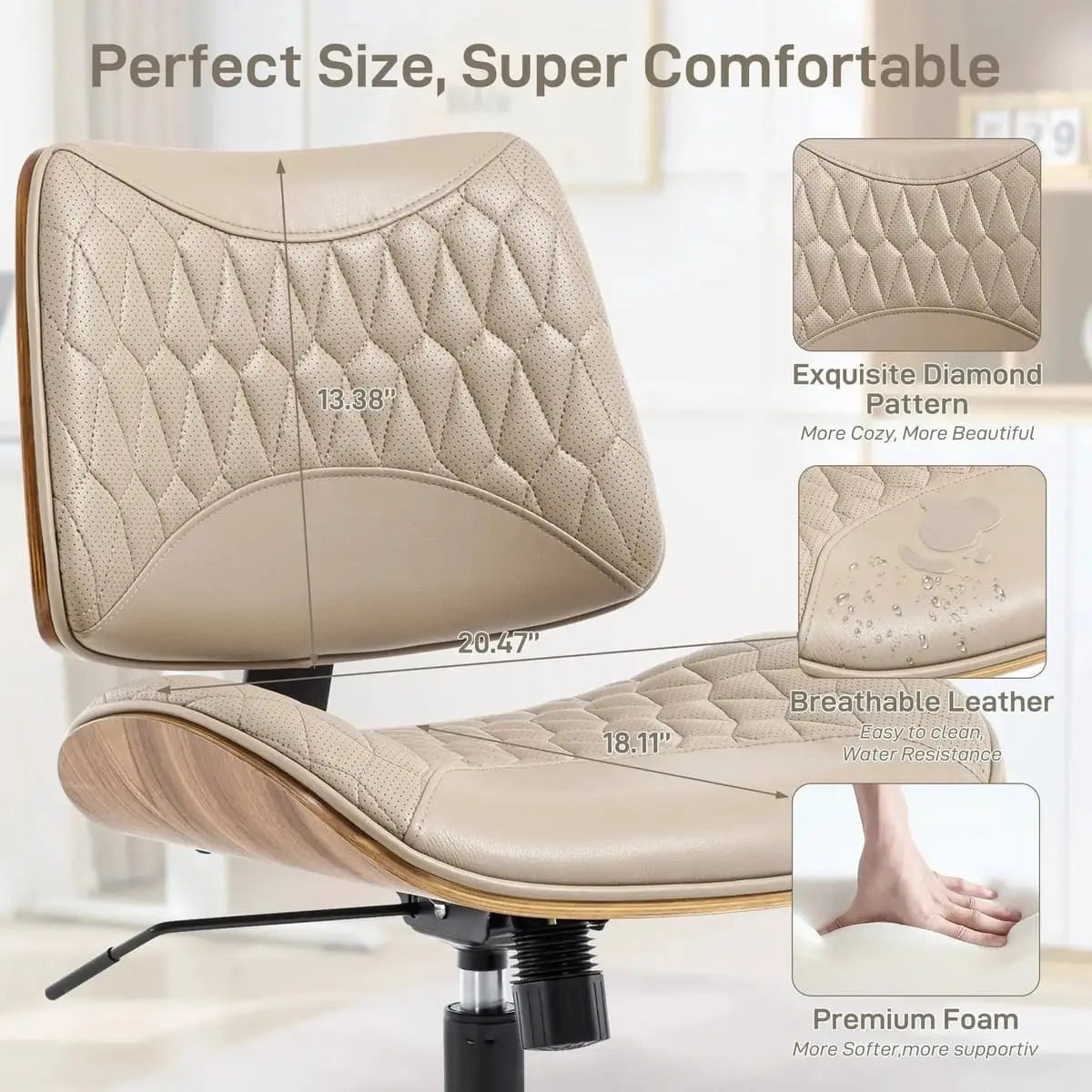 Doba modern adjustable armless office chair with walnut faux leather, swivel wheels, and rocking function for small desks.