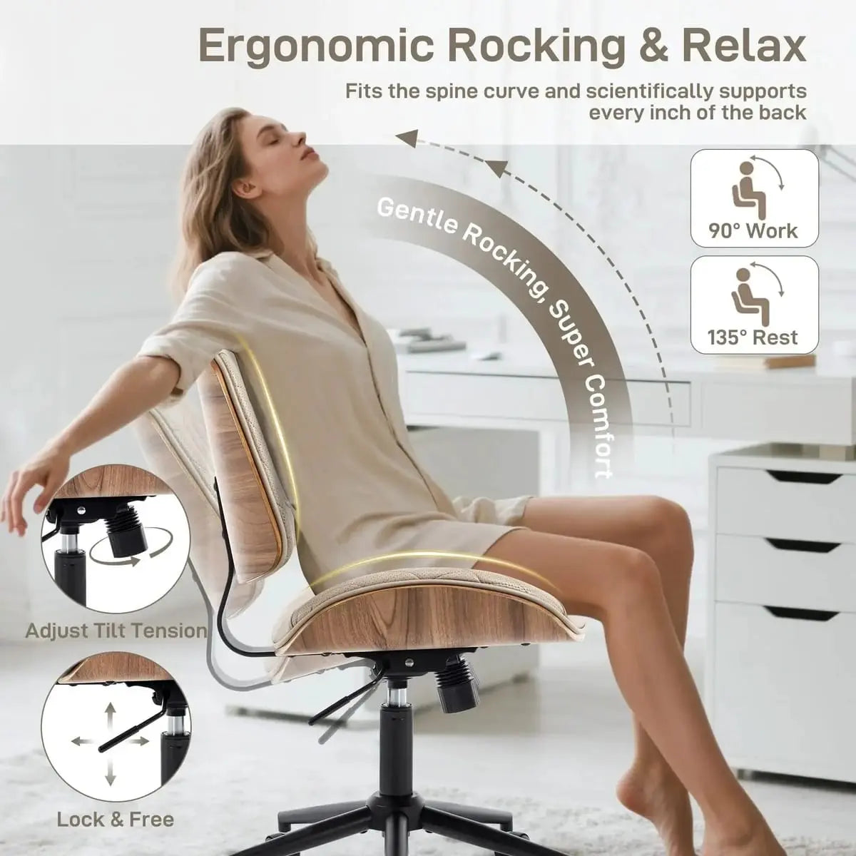 Doba modern adjustable armless office chair in khaki faux leather with walnut finish, swivel wheels, and rocking function for small desks.