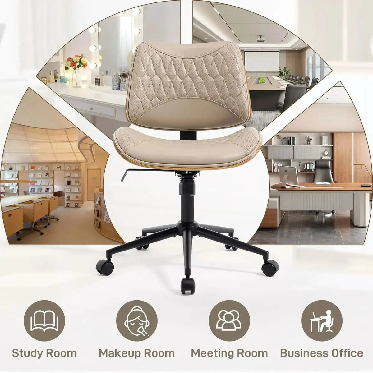 Doba modern adjustable armless office chair with walnut PU leather, swivel wheels, and rocking function for small desks.