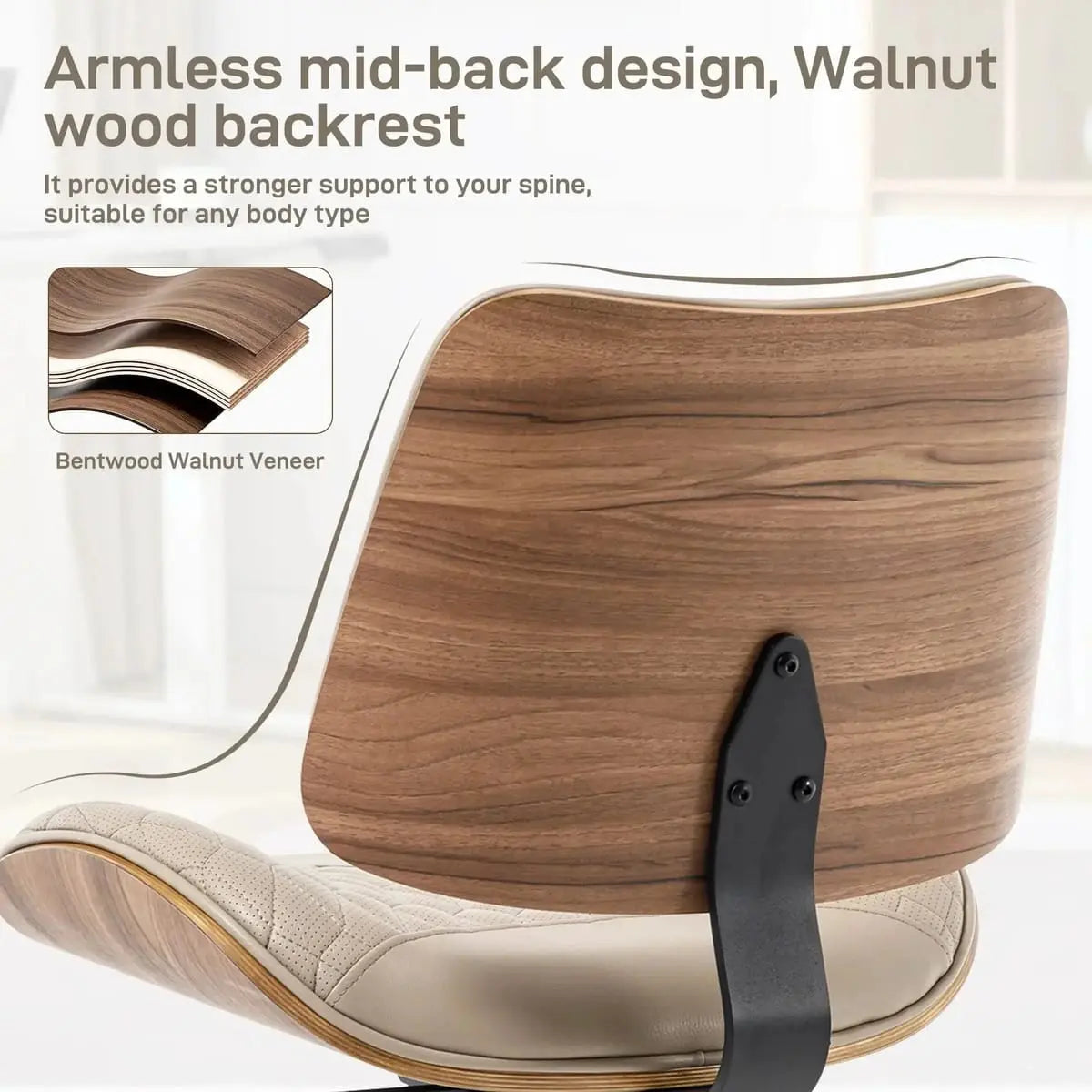 Doba modern adjustable armless office chair in khaki faux leather with walnut accents, swivel wheels, and rocking function for small desks.