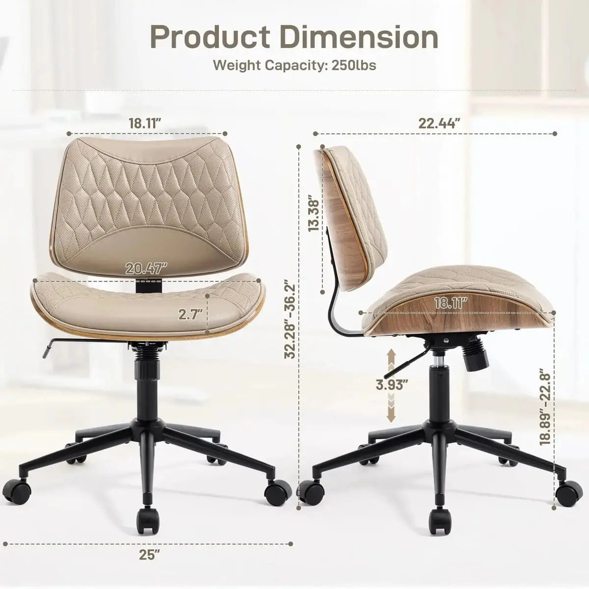Doba modern adjustable armless office chair with walnut faux leather, swivel wheels, and rocking function for small desks.