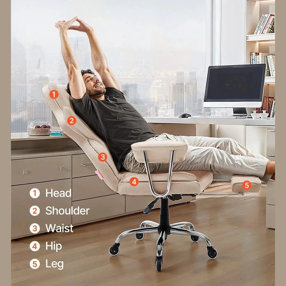 Doba khaki heavy-duty executive office chair with adjustable footrest and lumbar support, ergonomic design, and padded armrests.