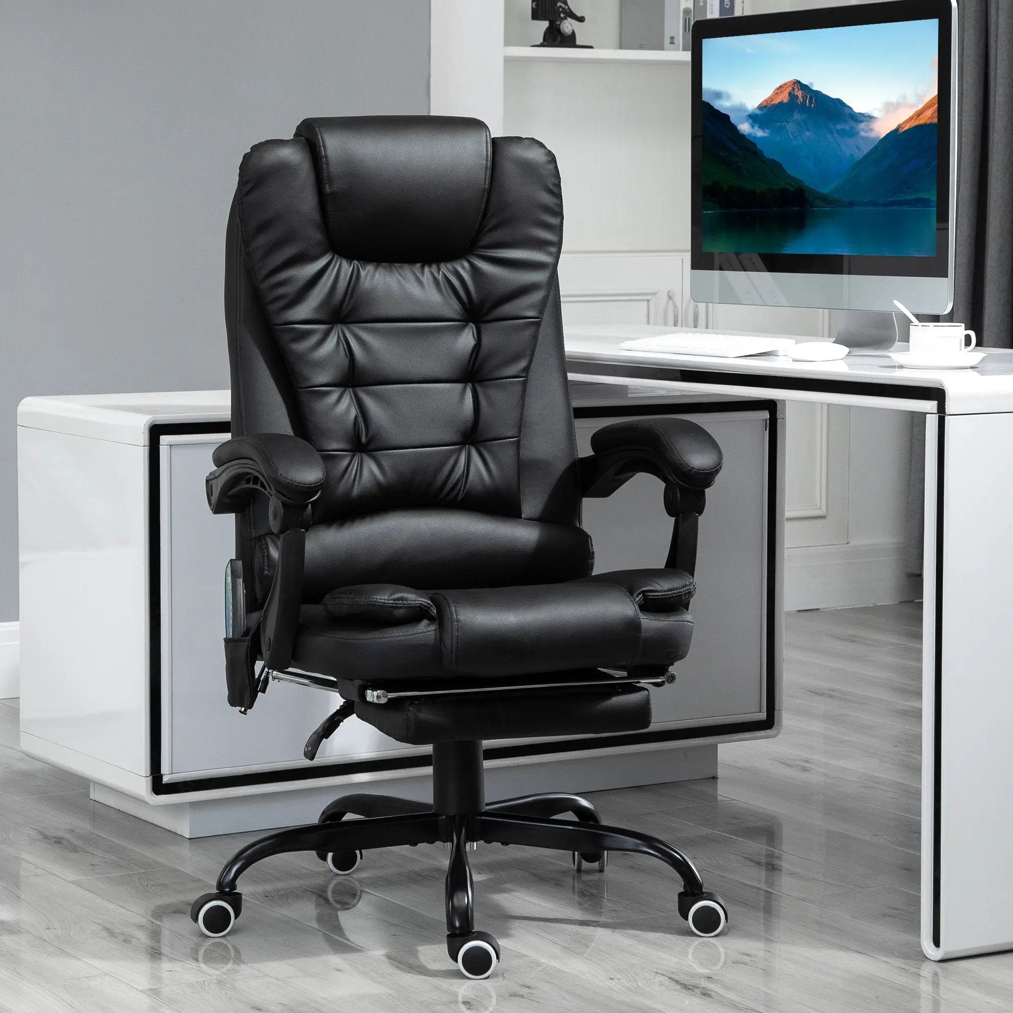 Black Doba ergonomic massage office chair with lumbar support and vibration massage features, designed for comfort and support.