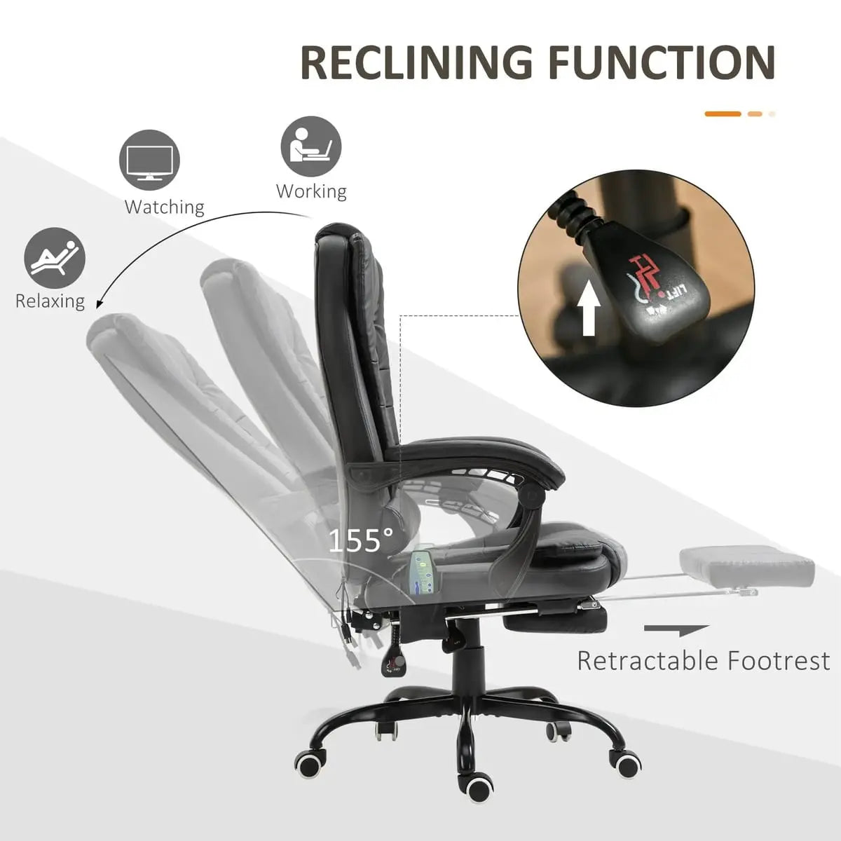 Black Doba ergonomic vibration massage office chair with lumbar support, featuring adjustable backrest and cushioned seat.