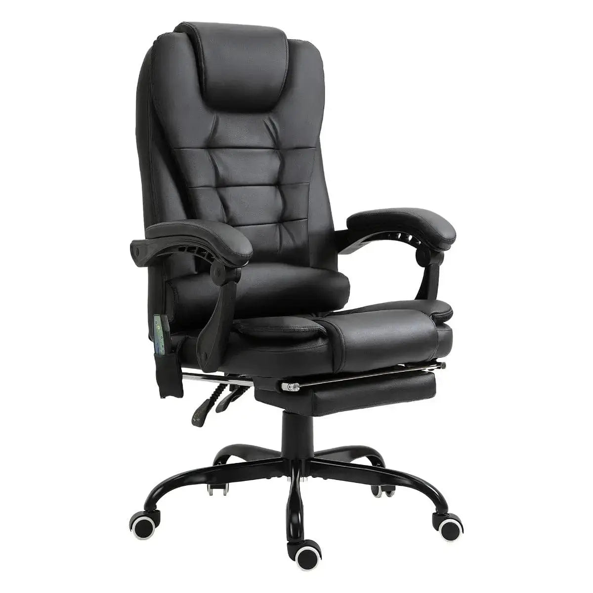 Black Doba ergonomic massage office chair with lumbar support and vibration massage feature, shown from side view