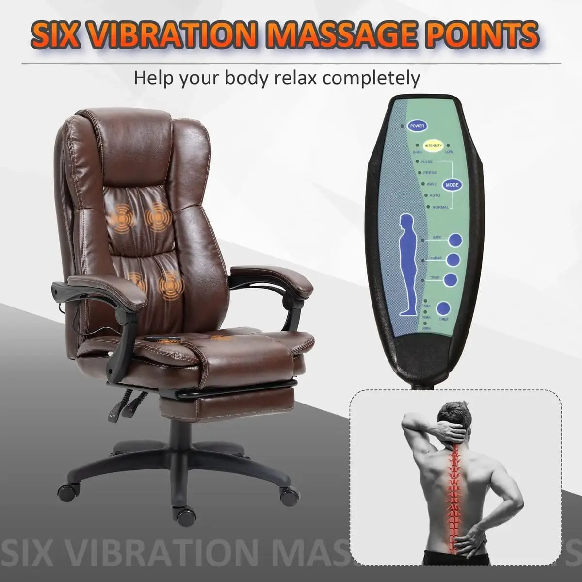 Doba ergonomic massage office chair in brown with 6-point vibration, padded armrests, and adjustable height for comfort.