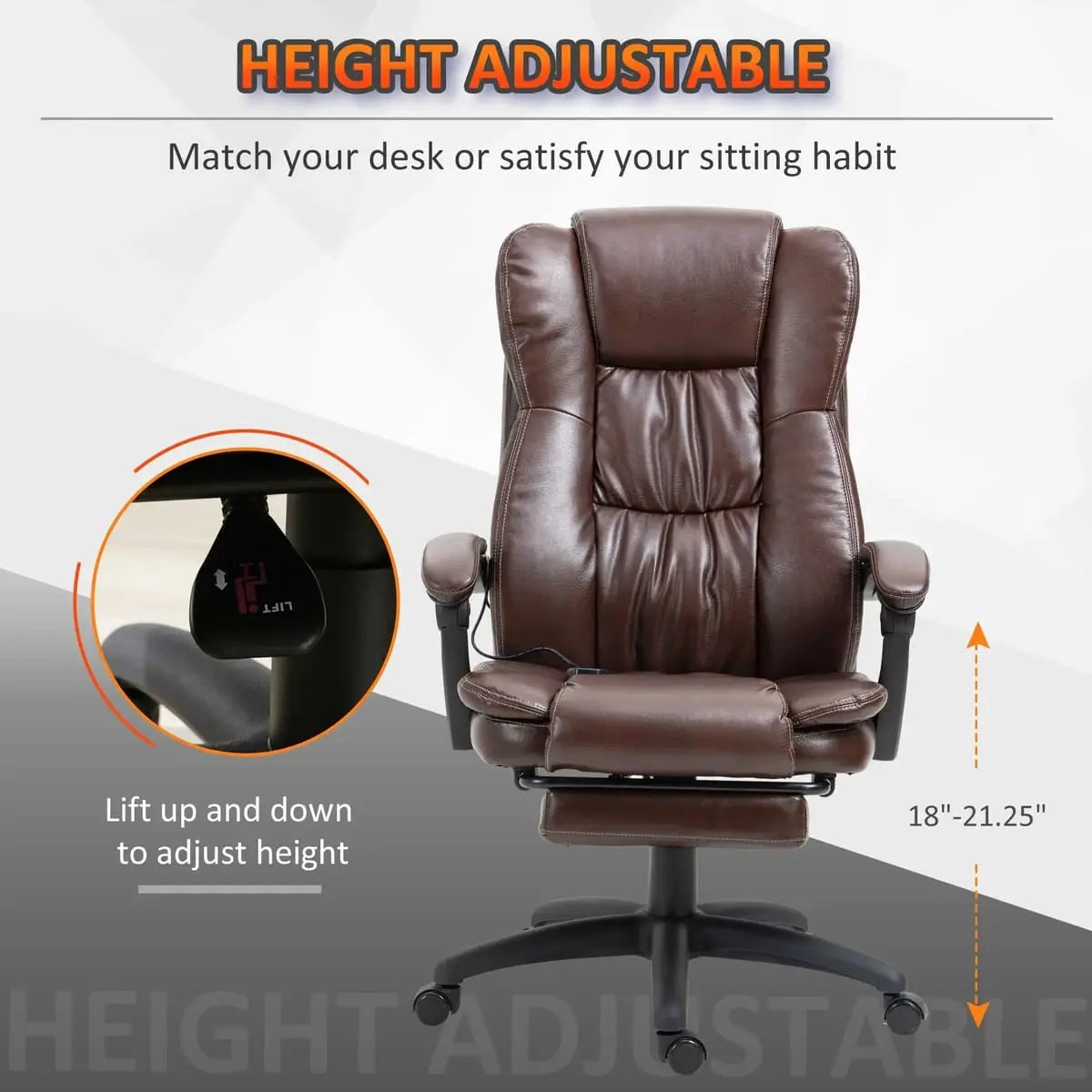Doba ergonomic massage office chair in brown with 6-point vibration, adjustable height, and ergonomic design for comfort and support