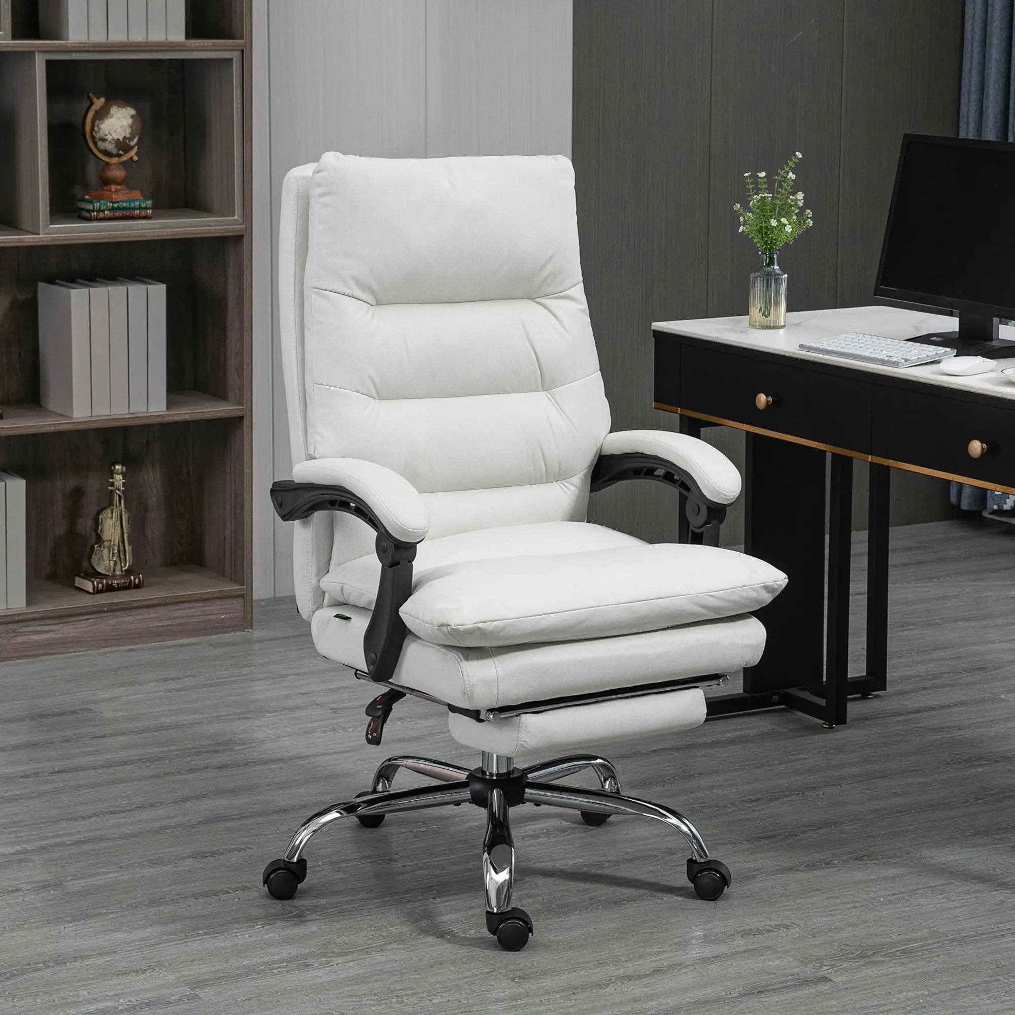 Cream-white Doba massage office chair with heated recline, footrest, and ergonomic design for comfort.