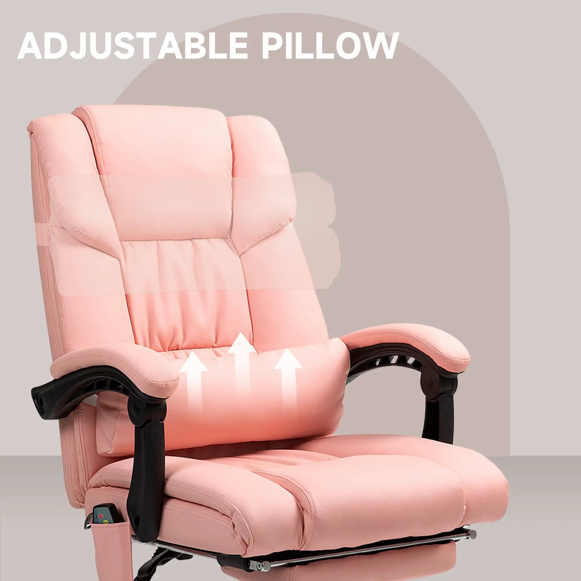 Pink Doba ergonomic massage office chair with reclining footrest, cushioned seat, and adjustable height for comfort.