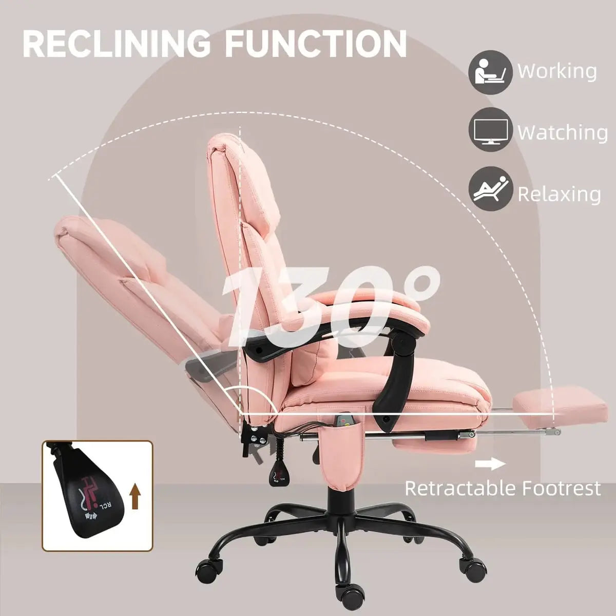 Pink Doba ergonomic massage office chair with reclining footrest, cushioned seat, adjustable armrests, and modern design.