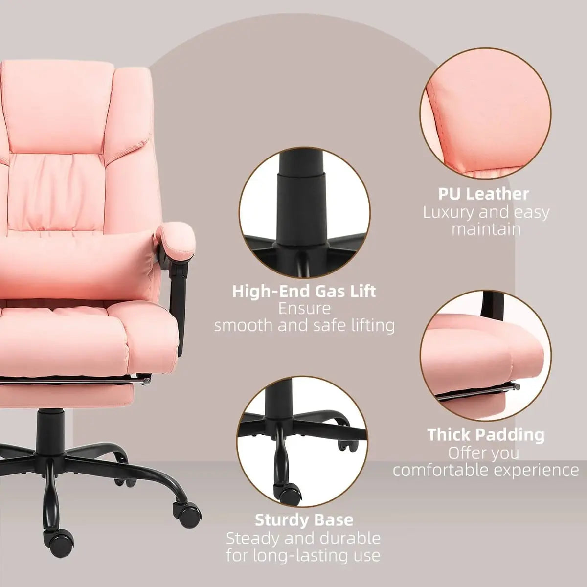 Pink Doba ergonomic massage office chair with reclining footrest, plush padding, and adjustable features for comfort.