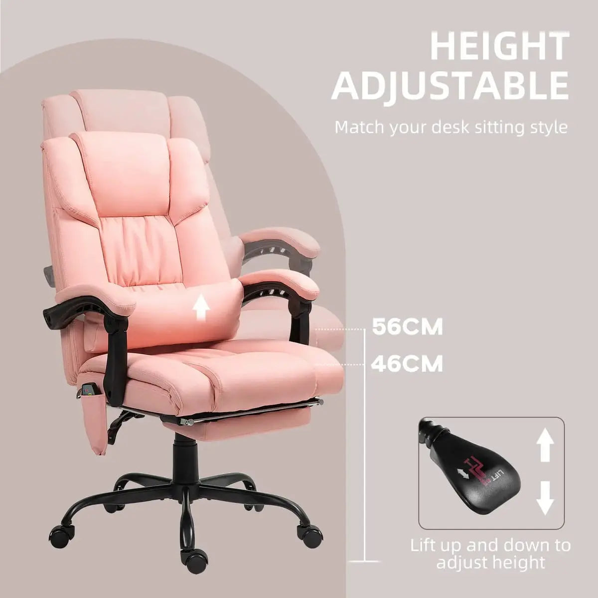 Pink ergonomic Doba massage office chair with reclining footrest and adjustable features, designed for comfort and support.