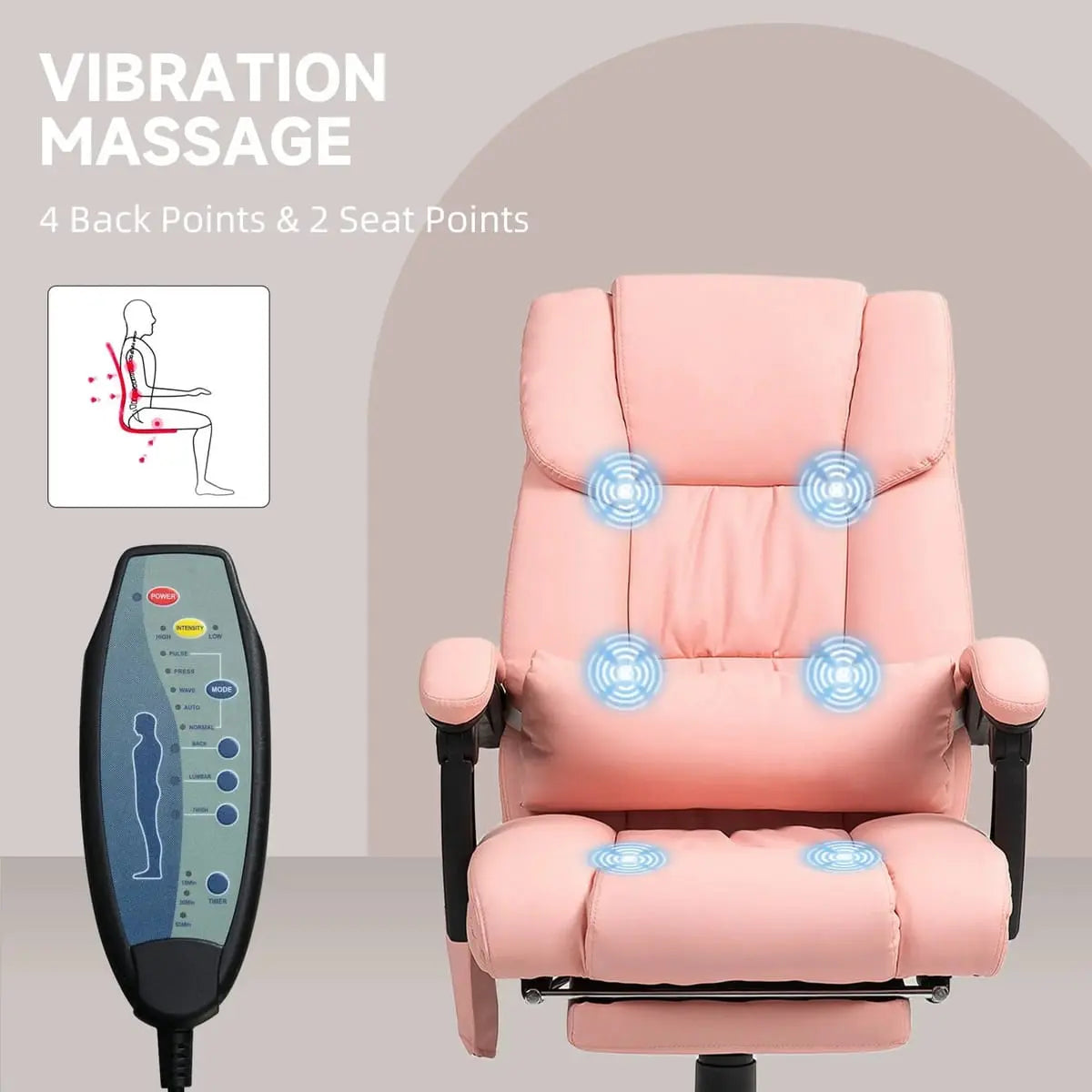Doba Deluxe Pink Ergonomic Massage Office Chair with reclining footrest and adjustable height for comfortable work and relaxation.