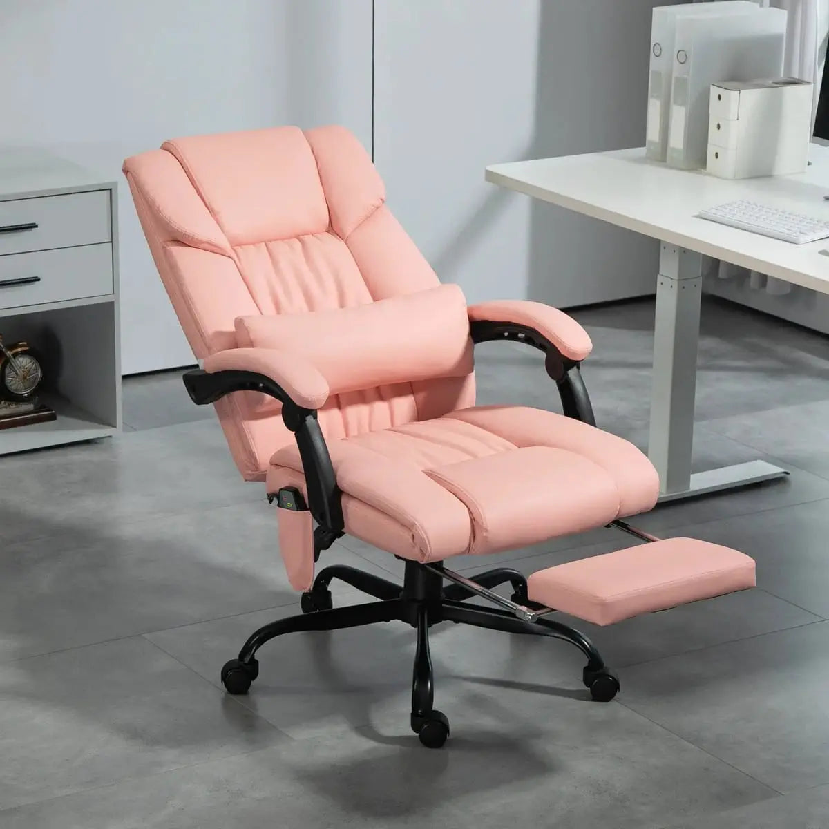 Pink Doba ergonomic massage office chair with reclining footrest, cushioned seat, and adjustable back support.