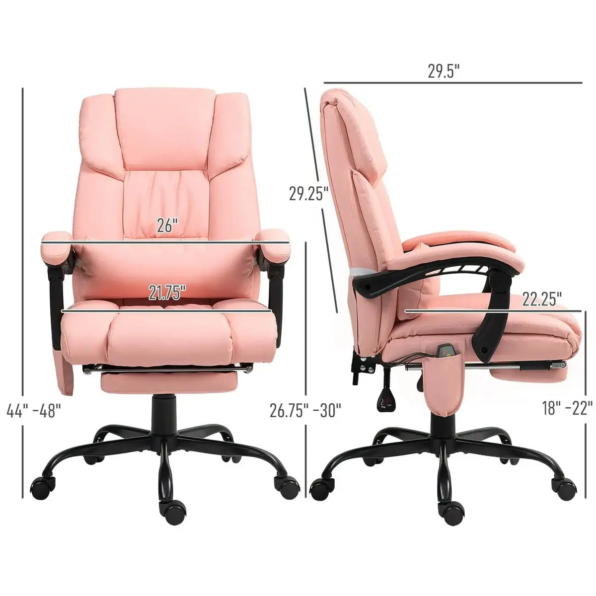 Pink Doba massage office chair with ergonomic design, reclining footrest, and cushioned seat, ideal for comfortable workspace seating.