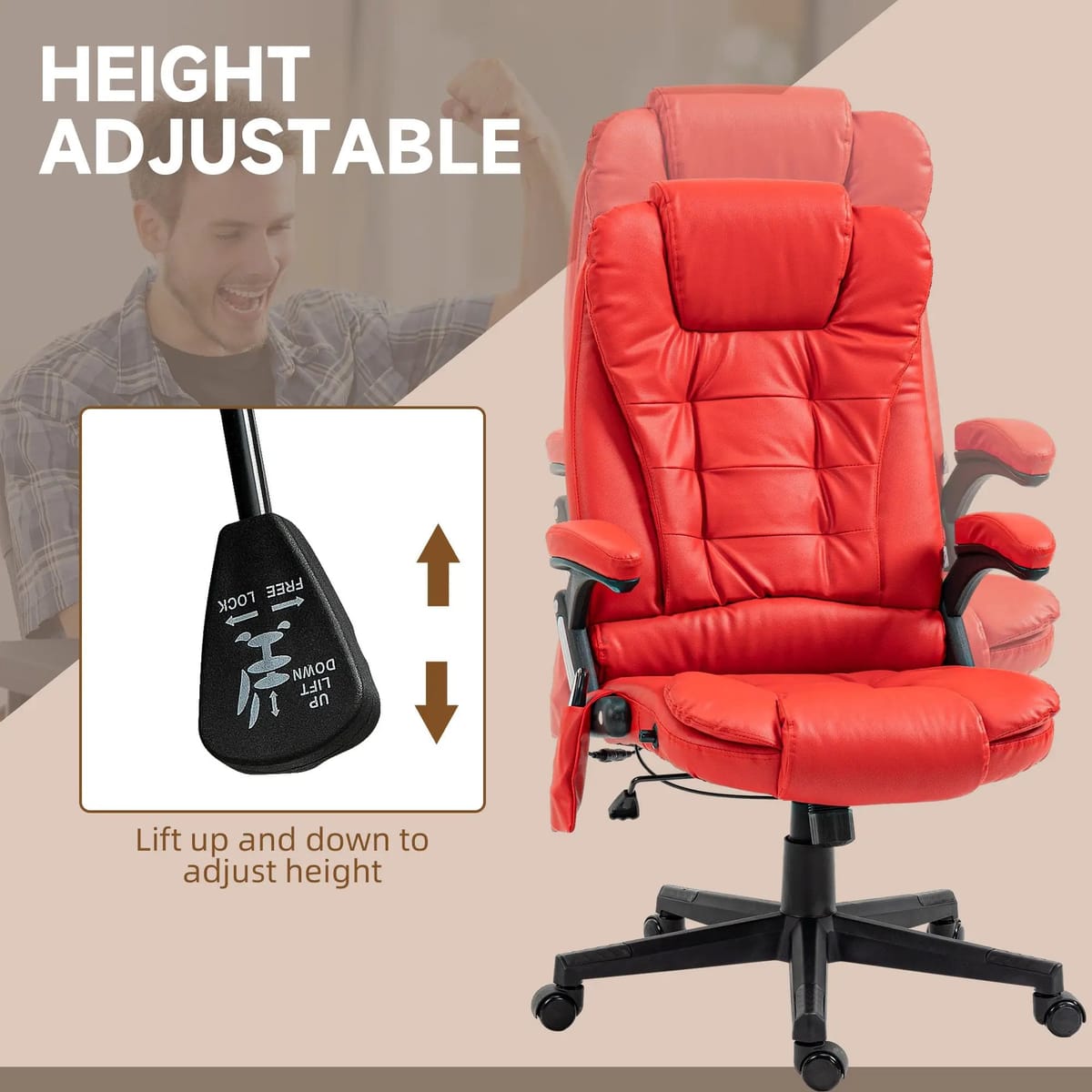 Red PU leather massage office chair by Doba with heated recline, remote control, ergonomic design, and plush cushioning.