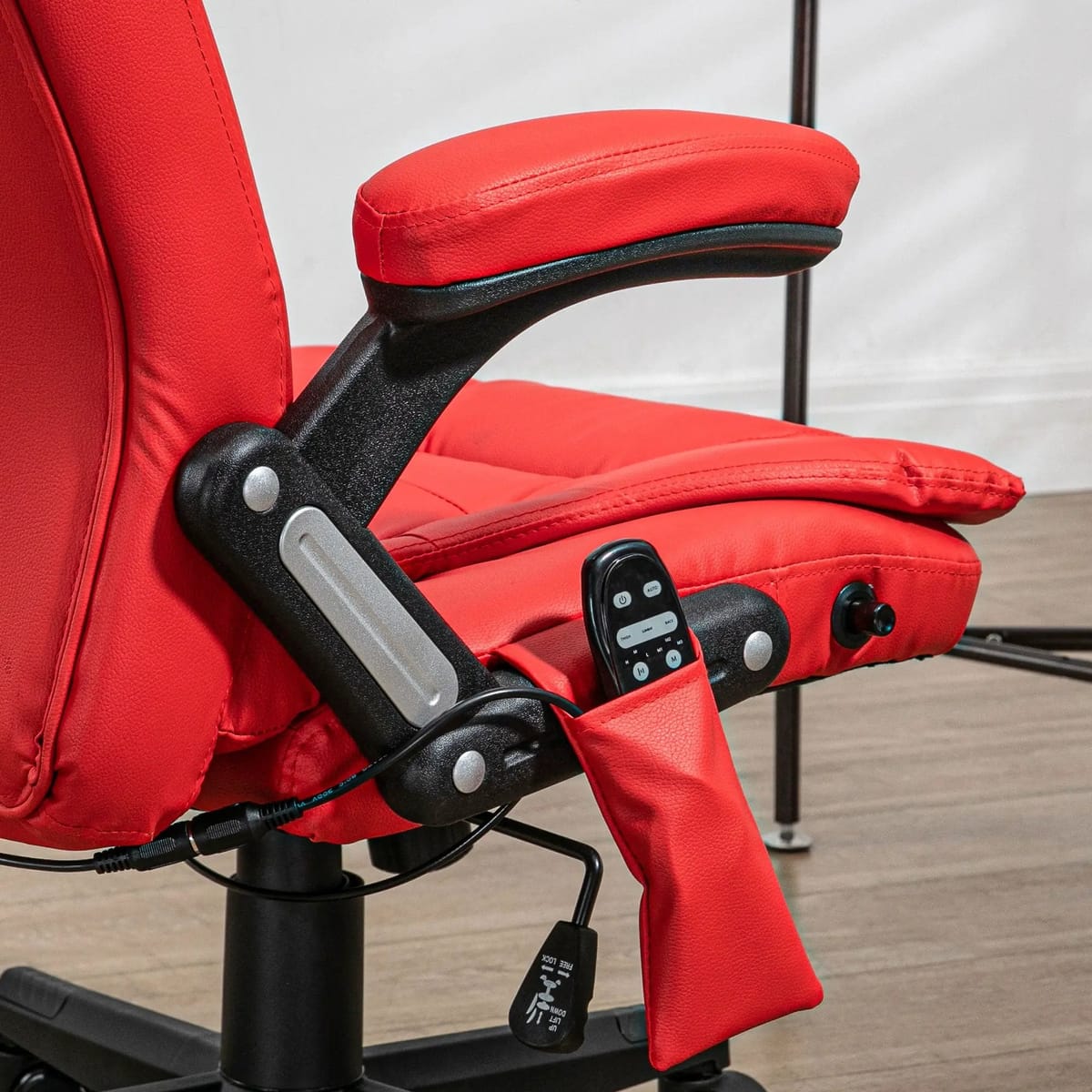 Red PU leather massage office chair by Doba with heated recline and remote control, designed for ergonomic comfort.