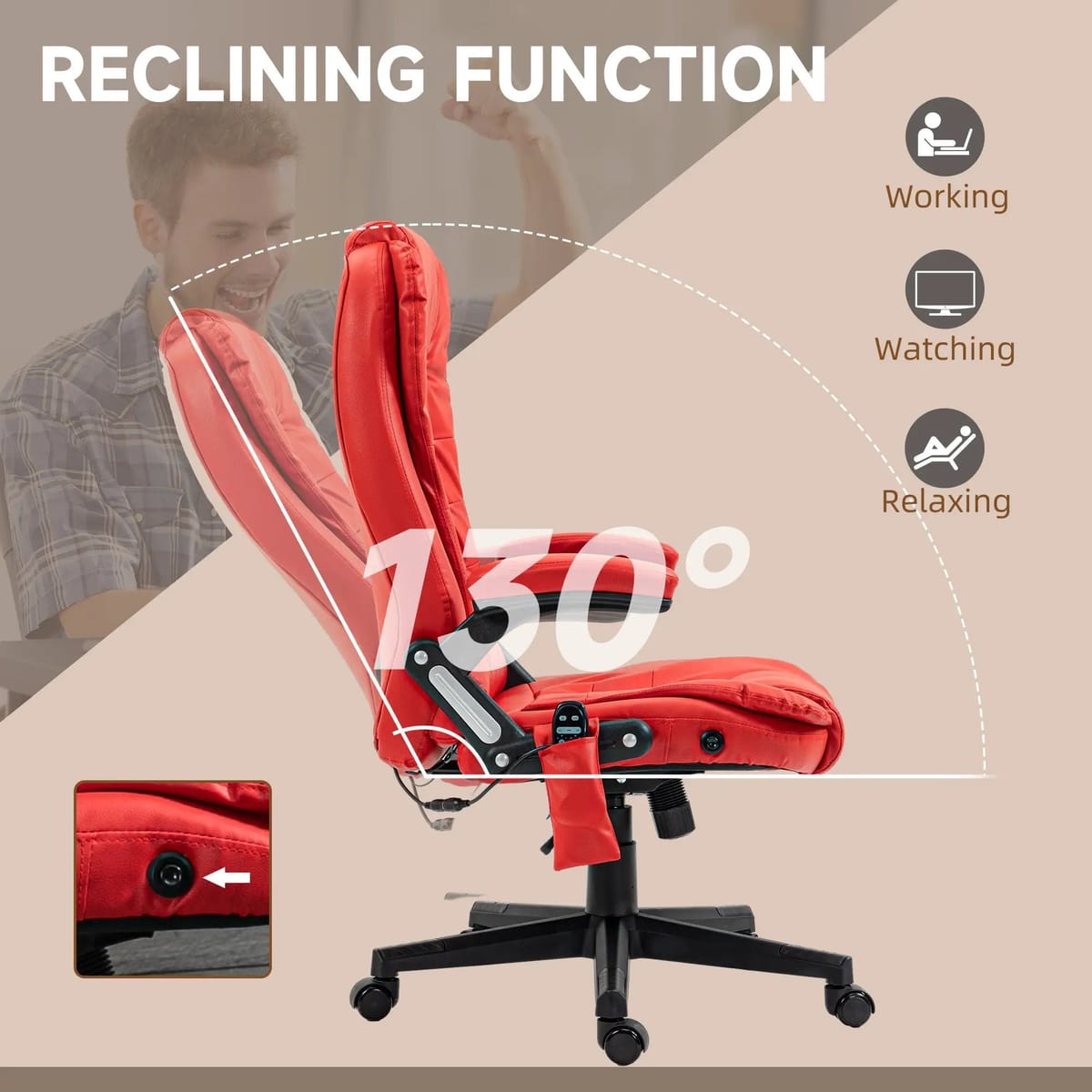 Red PU leather massage office chair with heated recline and remote control, ergonomic design, padded armrests, and adjustable features.
