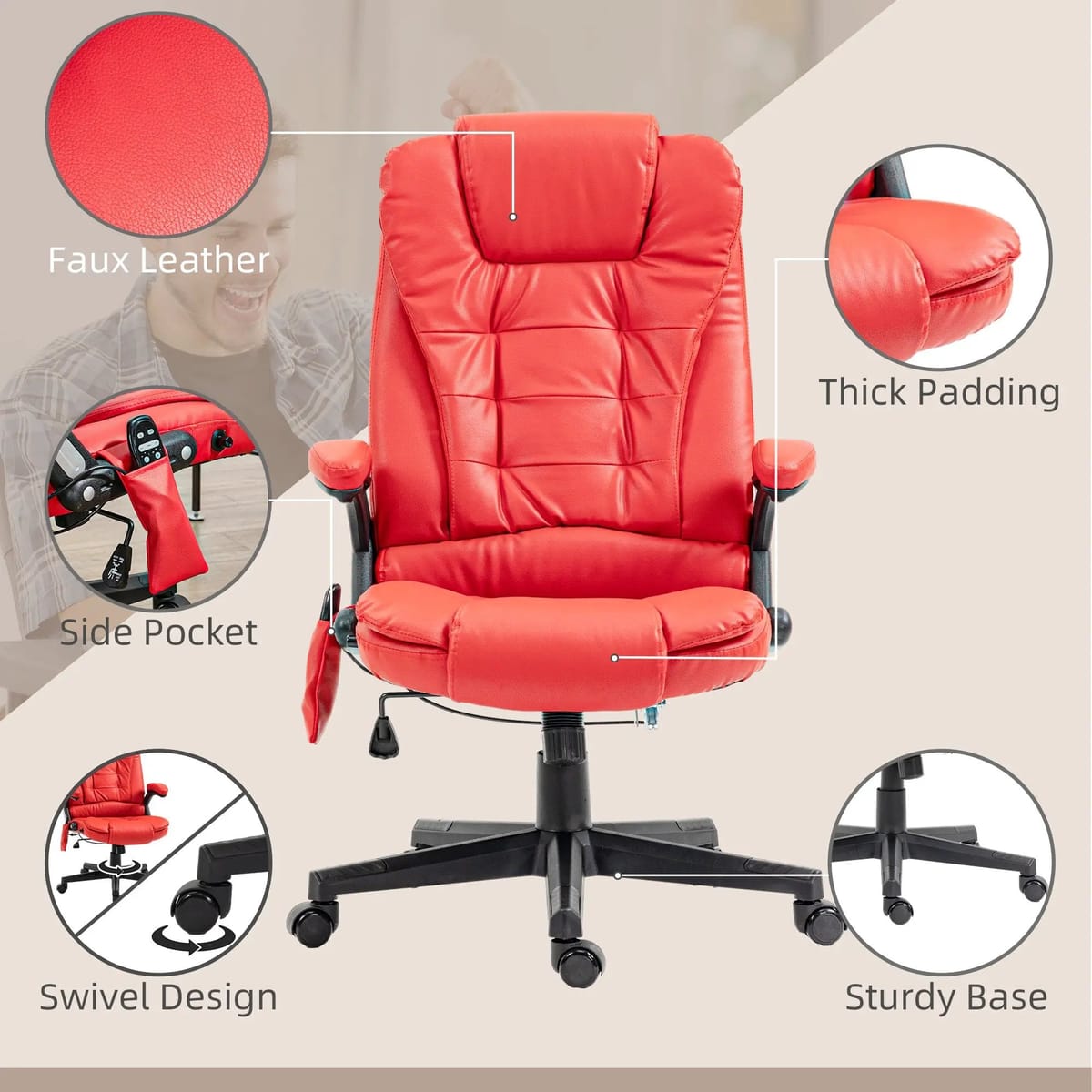 Red PU leather massage office chair by Doba with heated recline, remote control, and ergonomic design for comfort.