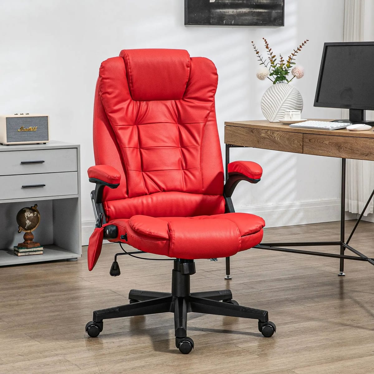 Luxurious red PU leather Doba massage office chair with heated recline and remote for ergonomic comfort.