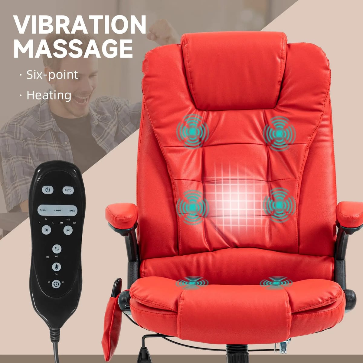 Red PU leather massage office chair by Doba with heated recline, remote control, ergonomic design, and plush cushioning.