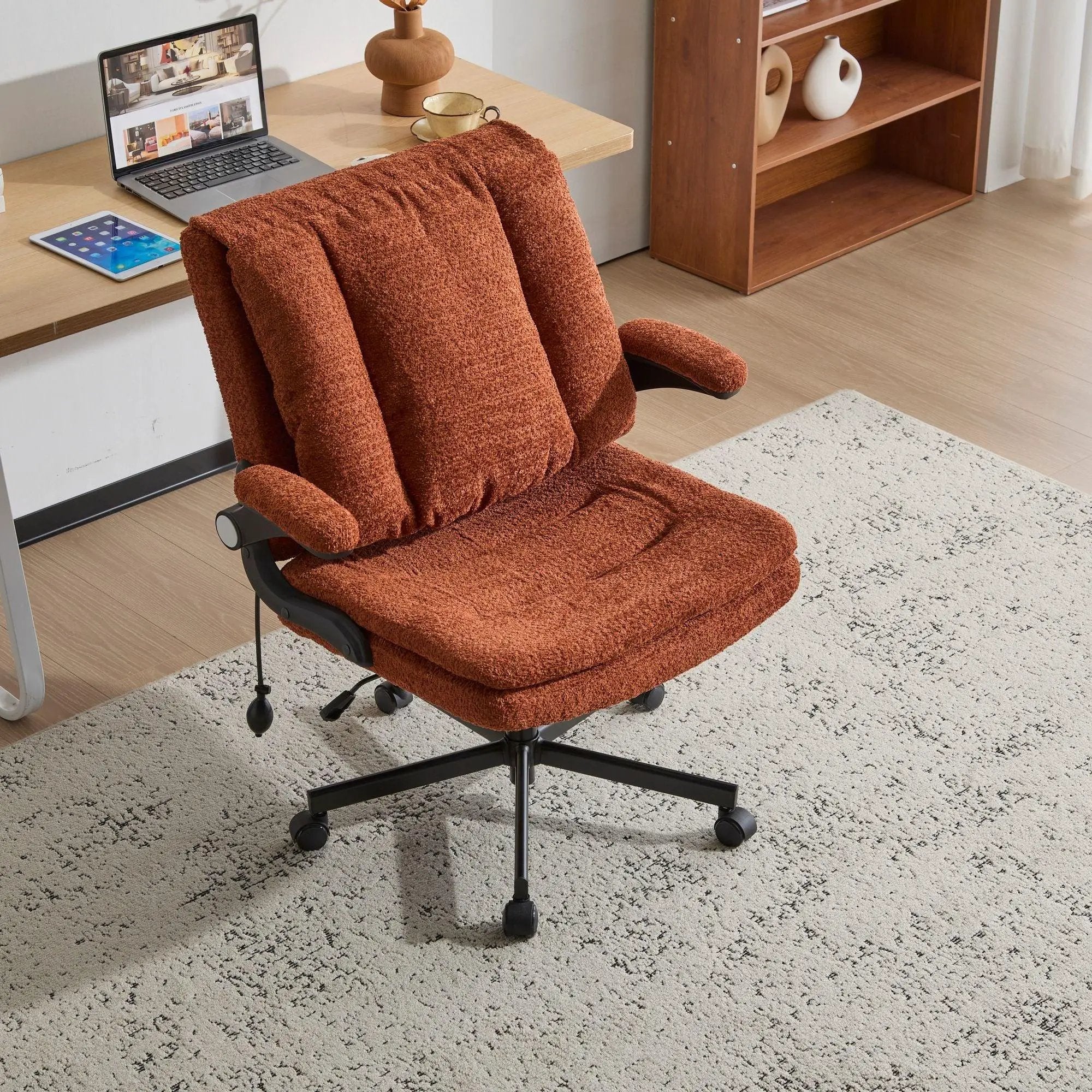 Doba premium ergonomic criss-cross desk chair with orange nylon fabric, flip-up back and arms, and adjustable features.