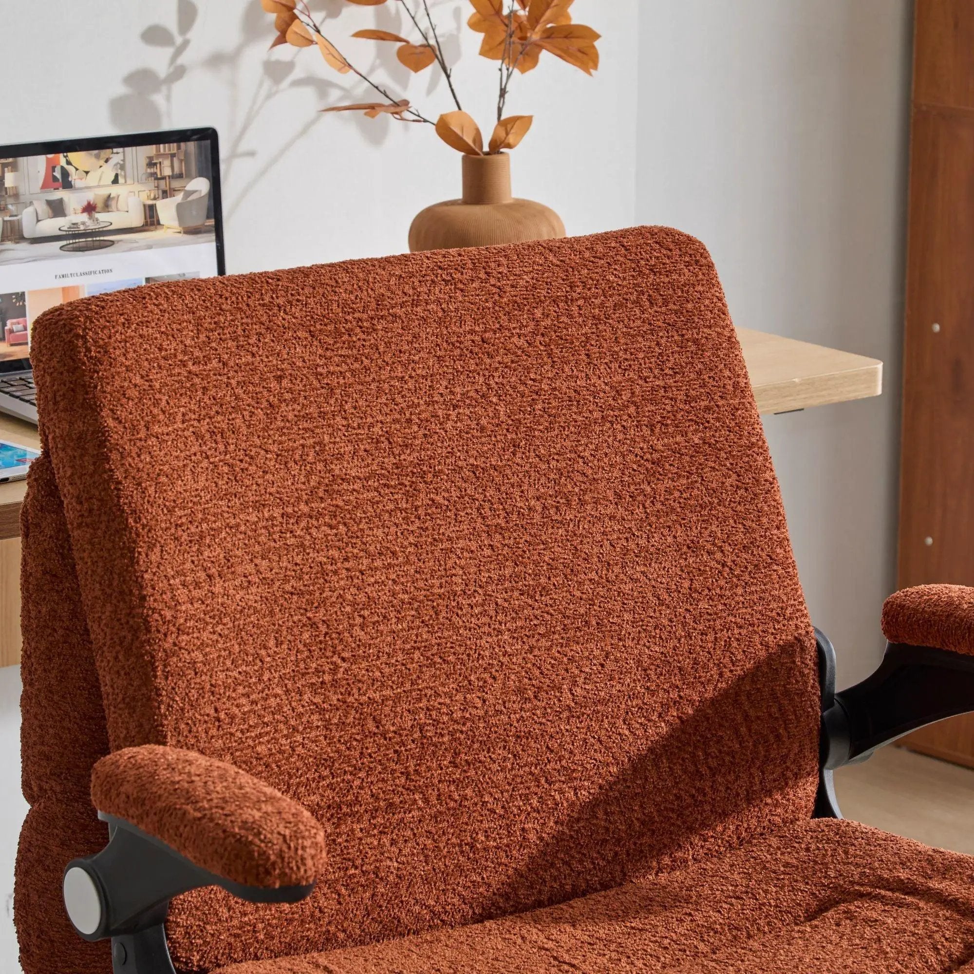 Doba premium ergonomic criss-cross desk chair with orange nylon fabric, flip-up back and adjustable arms for comfort.