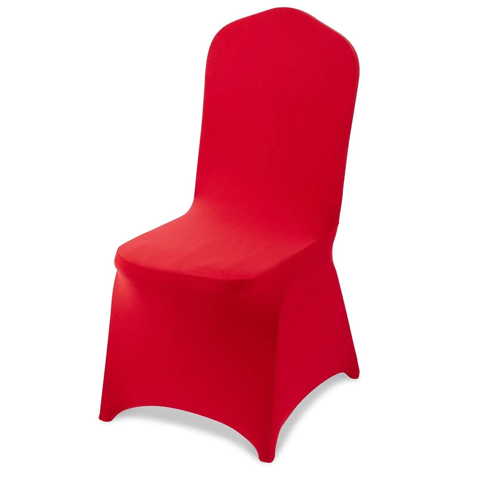Red Doba chair covers made of elegant stretch polyester, designed for weddings, fitting chairs snugly for a refined look.