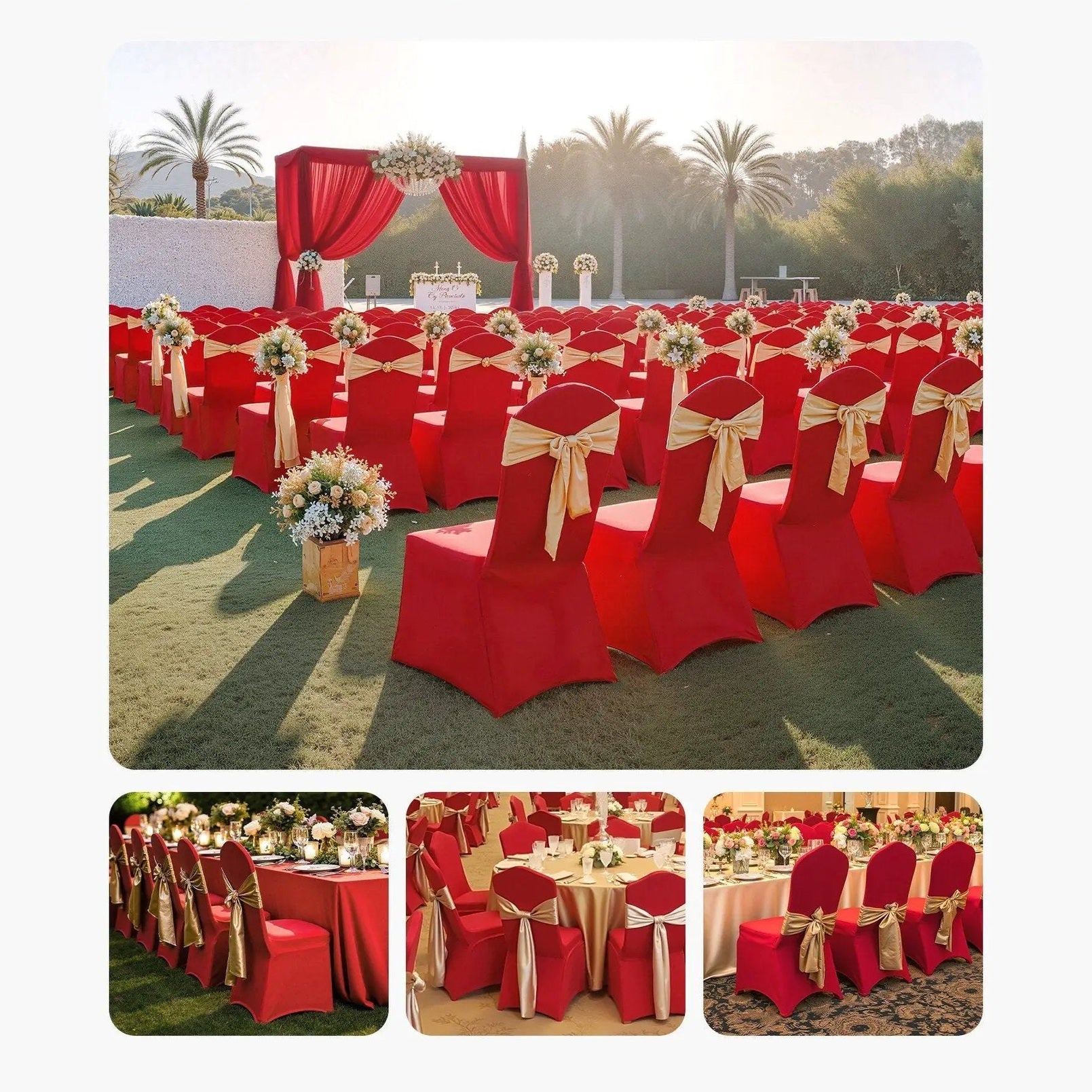 Elegant red polyester chair covers by Doba, stretchy fit for weddings, designed to enhance wedding decor.